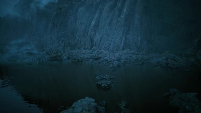 stormbattered cliff basin with dark water and windwhipped mist, jagged rocks framing shallow pool, imagined diver searchlights cutting through gloom, tense