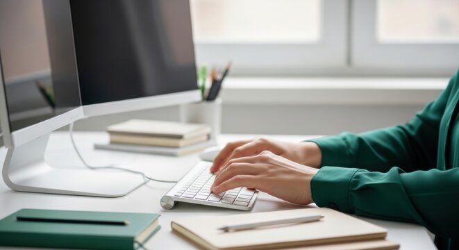 Modern ergonomic office desk with hands typing on keyboard and monitor setup for remote work background and business banner design