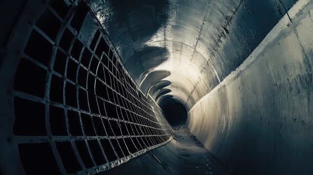 Underground tunnel featuring a protective metal grate along its curved concrete wall, creating a sense of enclosed space and mystery with harsh lighting