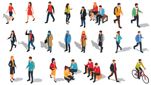Multicultural people walking, sitting, and talking in active urban lifestyle scene with dynamic poses, modern vector illustration crowd collection.