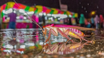 Fototapeta premium Vibrant nightlife colorful cockroach in market rain urban setting macro photography wet environment unique perspective