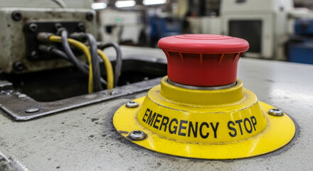Fototapeta premium Emergency stop button with industrial context, representing safety and urgency in a factory setting.