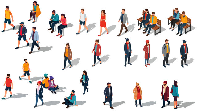 Multicultural people walking, sitting, and talking in active urban lifestyle scene with dynamic poses, modern vector illustration crowd collection.