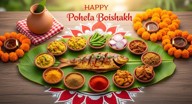 Hilsa Fish on Banana Leaf, Bangla New Year Celebration Background
