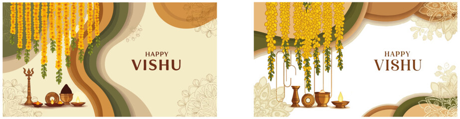 Traditional Indian Vishu festival celebration vector poster template with cultural Kerala elements, elegant festive design, vibrant floral decorations, and modern greeting layout. © prarthana