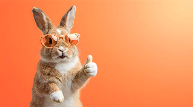 Brown rabbit wearing orange sunglasses giving a thumbs up gesture