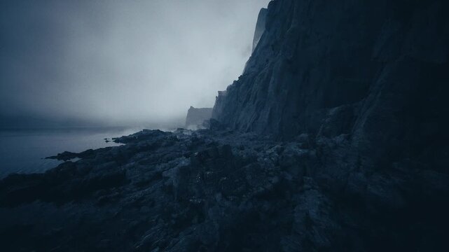 brooding cliffside shrouded in fog, low tide rock ledges and restless sea, distant beacon flash through mist, tensionrich blue palette, cinematic suspense