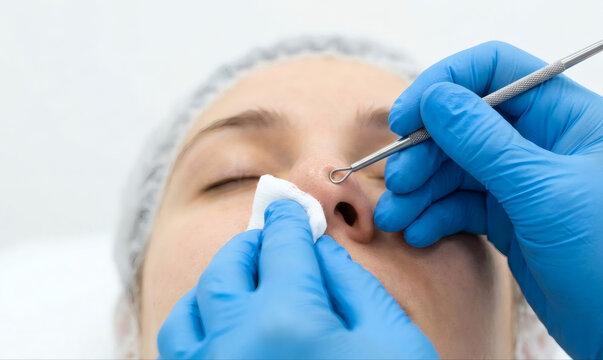 Professional beautician in blue gloves performing blackhead extraction on patient nose using comedones extractor tool in beauty clinic