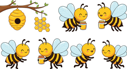 Fototapeta premium bee, cartoon, insect, honey, honeycomb, jar, cute, animal, character, honeybee, insectillustration, beeillustration, cartoonbee, honeyjar, nature, happybee,
