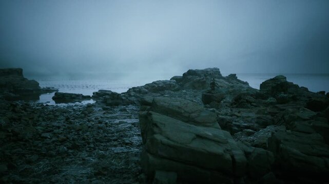 foggy rocky shore at low tide, pale overcast sky and wide horizon with scattered boulders and shingle, shallow tidepools reflecting dim light, tranquil muted
