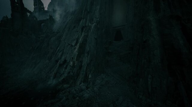 ruined fortress perched on cliff edge, crumbling towers and battlements cutting into foggy sky, distant storm light and narrow path into ravine, implied scout