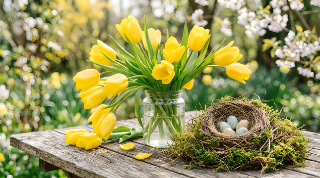 Spring bouquet of yellow tulips and bird nest with speckled eggs
