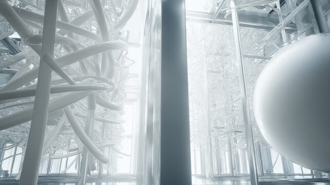 Abstract futuristic white architecture featuring interconnected organic network structures and a large sphere, emphasizing clean minimalist design and technological advancement