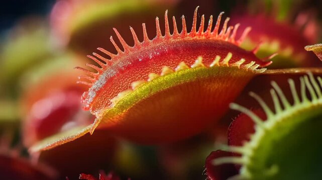 Close look at a Venus flytrap plant showing its bright colors and unique structure during daylight in a garden setting
