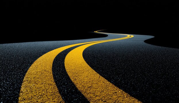 Asphalt road with yellow lane markings curving into darkness. Low angle view