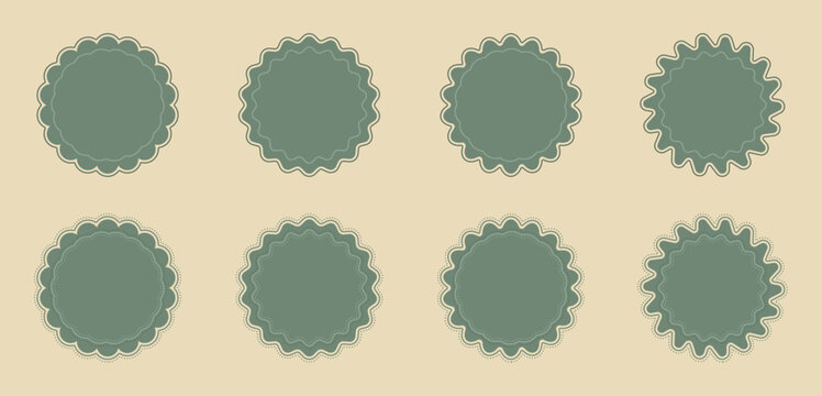 Vintage circular badge and scalloped label vector collection. Set of decorative circular badges featuring solid and dotted border styles. Perfect for artisanal branding and graphic design projects.