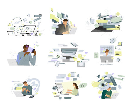 Overloaded workflow concept with laptop and notifications, multitasking stress, productivity burnout, flat vector illustration