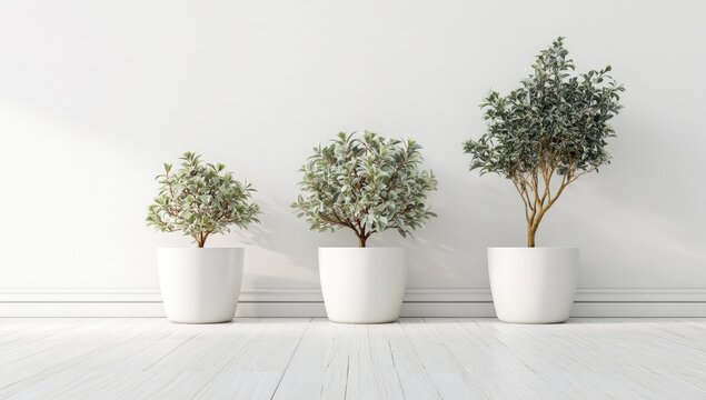 Three potted trees on a white wood floor grow in size, symbolizing growth and progress