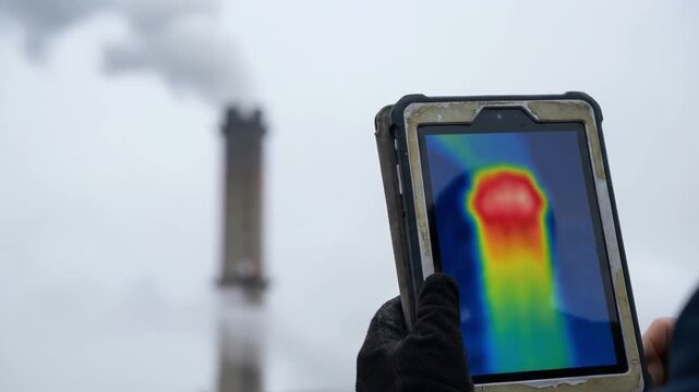 environmental impact carbon policy concept. Person using a tablet displaying a thermal image near an industrial facility.
