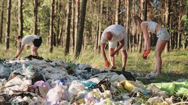 Volunteers carrying garbage, cleaning in the forest