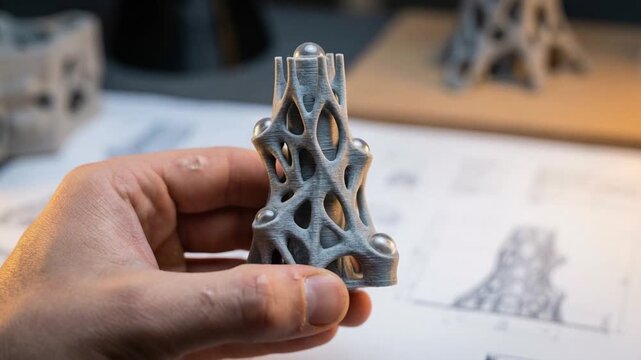 environmental impact carbon policy concept. Hand holding a detailed 3D printed architectural model with drawings in the background
