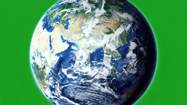 A detailed view of planet Earth showcases swirling cloud formations and diverse landmasses against a vibrant green background, emphasizing its beauty and fragility.
