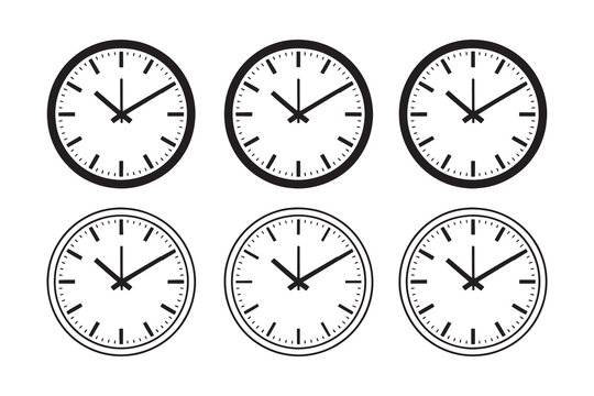 Analog clock in different styles black white symbols desig