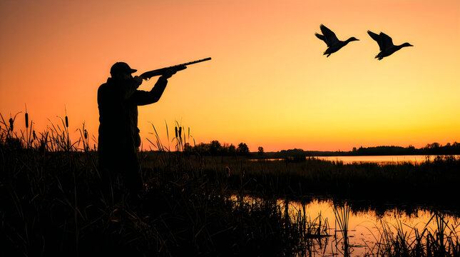 Hunter silhouette aiming shotgun at flying ducks during golden sunset