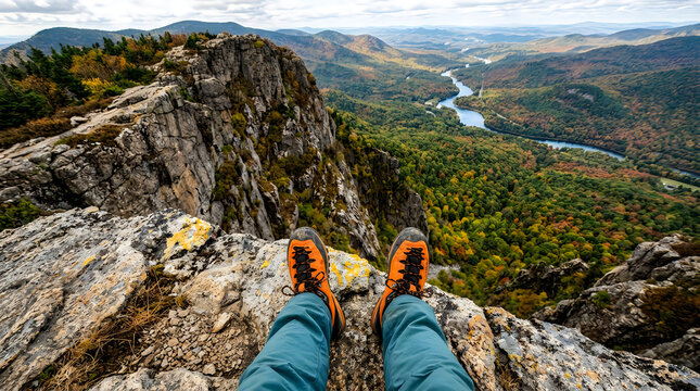 Hiker looking at mountain landscape from cliff edge in autumn