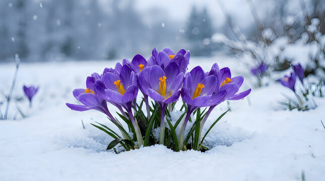 Purple crocus flowers blooming through fresh white snow in winter