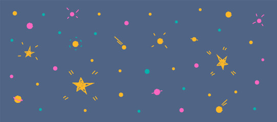 Colorful crayon kids space background with stars and dots, playful cosmic background for children designs. Charcoal outer space concept with planets, stars, comets in minimalistic doodle style. © Liusia Voloshka