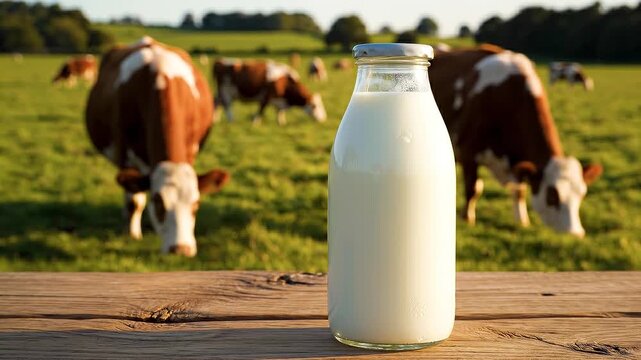 Glass bottle of milk on a wooden surface with cows grazing in a green field in the background.