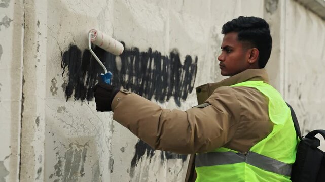Closeup worker repainting graffiti with roller on concrete, precise strokes and coverage reveal restoration progress, reflective vest and backpack, focused technique and satisfying renewal of public