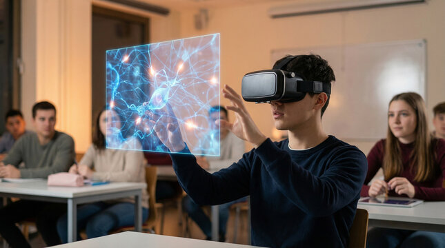 School student with VR headset using AI artificial intelligence technology. machine learning. Interactive technology in classroom. Smart tech. blue hologram in education