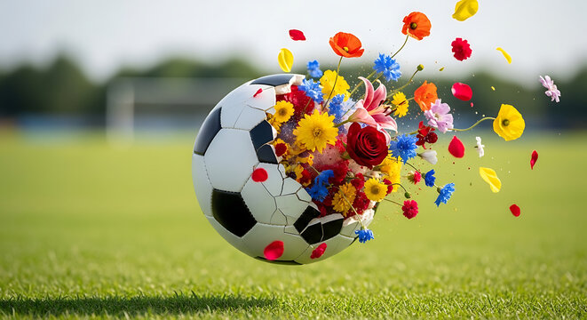 Whisked into vibrant bloom a soccer ball bursts with colorful wildflowers on a sunny green field