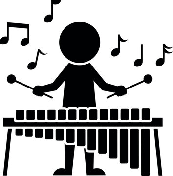 A cheerful character playing a marimba with musical notes floating around