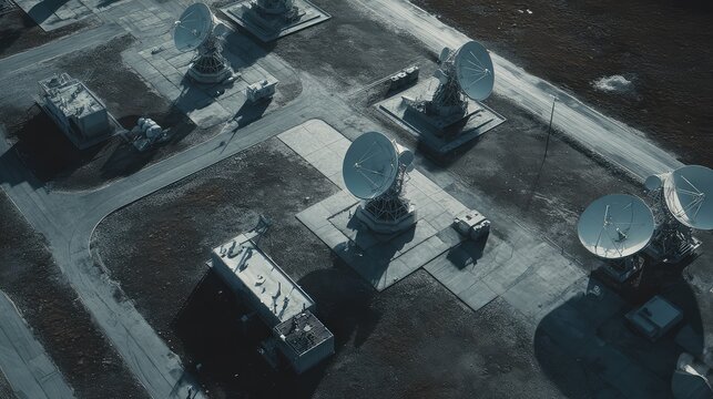 Aerial view of multiple large parabolic satellite dishes and buildings operating at a remote ground station, receiving and transmitting signals for global communication