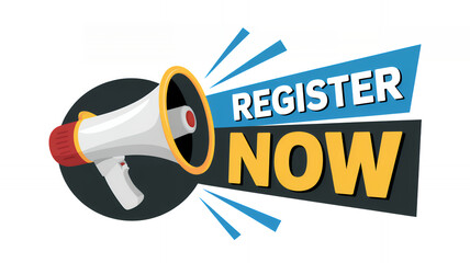 Naklejka premium Register now announcement with a loudspeaker on a plain white background, for web