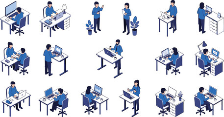 Fototapeta premium Isometric Business Character Vector Set Featuring People Working at Desks Using Laptops and Standing Workstations in Modern Office Environments for Corporate Tech Concepts