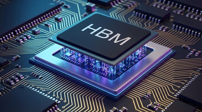 HBM high bandwidth memory chip on futuristic motherboard representing advanced computing technology AI processing speed data performance and semiconductor innovation concept
