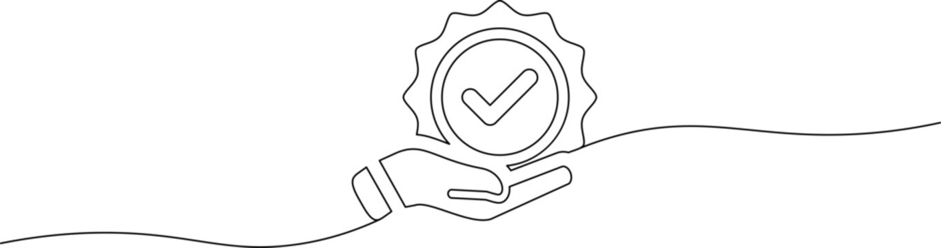A hand holding a checkmark icon on a white background with a line drawing style
