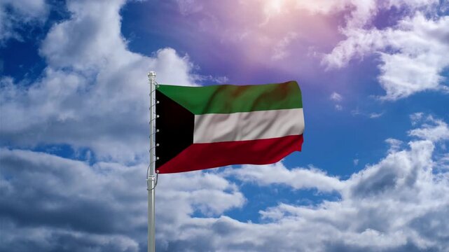 Kuwait Flag Waving Animation with Clouds Background