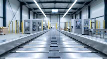 Obraz premium Modern factory conveyor belt system in industrial production facility representing automation manufacturing technology efficiency and smart industry workflow concept