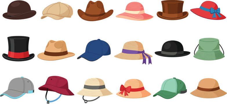 Large Collection of Fashionable Hat Vector Icons Featuring Cowboy Hat, Bowler, Flat Cap, Top Hat, Sun Hats, Baseball Caps, and Outdoor Headwear for Apparel Design
