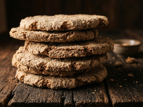 Sagu Lempeng Papuan Sago Flatbread Stacked Rustic Dark Wood Texture Close Up Papua Indigenous Traditional