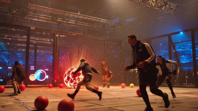 Exciting dodgeball match takes place in an indoor arena with bright lights and a large glowing ball in the center
