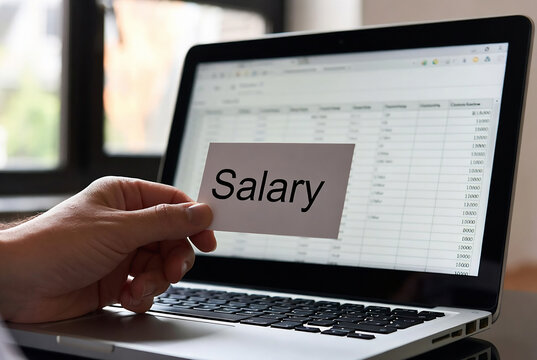 A hand is holding a card displaying salary figures in front of an open laptop. It appears someone is considering their compensation or pay. The setting is a desk with a computer.