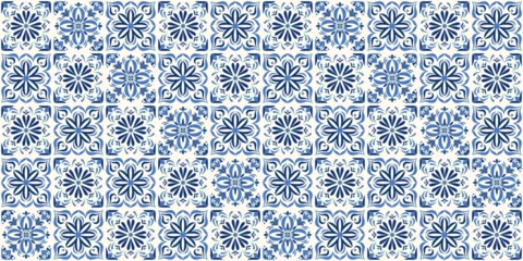 Fototapete Portugal Keramikfliesen Blue and white azulejo tile pattern with ornate floral and geometric motifs. Traditional Portuguese ceramic mosaic background inspired by vintage decorative wall tiles and classic Mediterranean style.  © Danchenko