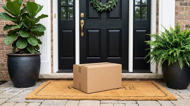 Blank corrugated cardboard shipping box resting on a textured golden-brown welcome mat placed before an elegant matte black front doorway.