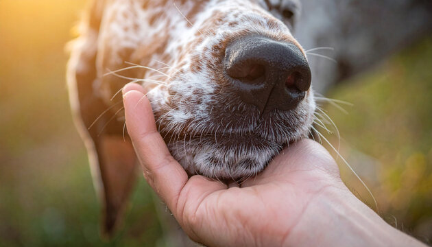 Gentle Touch with Dog: A tender moment unfolds as a hand gently caresses the muzzle of a dog, a close-up shot capturing the bond between human and animal.